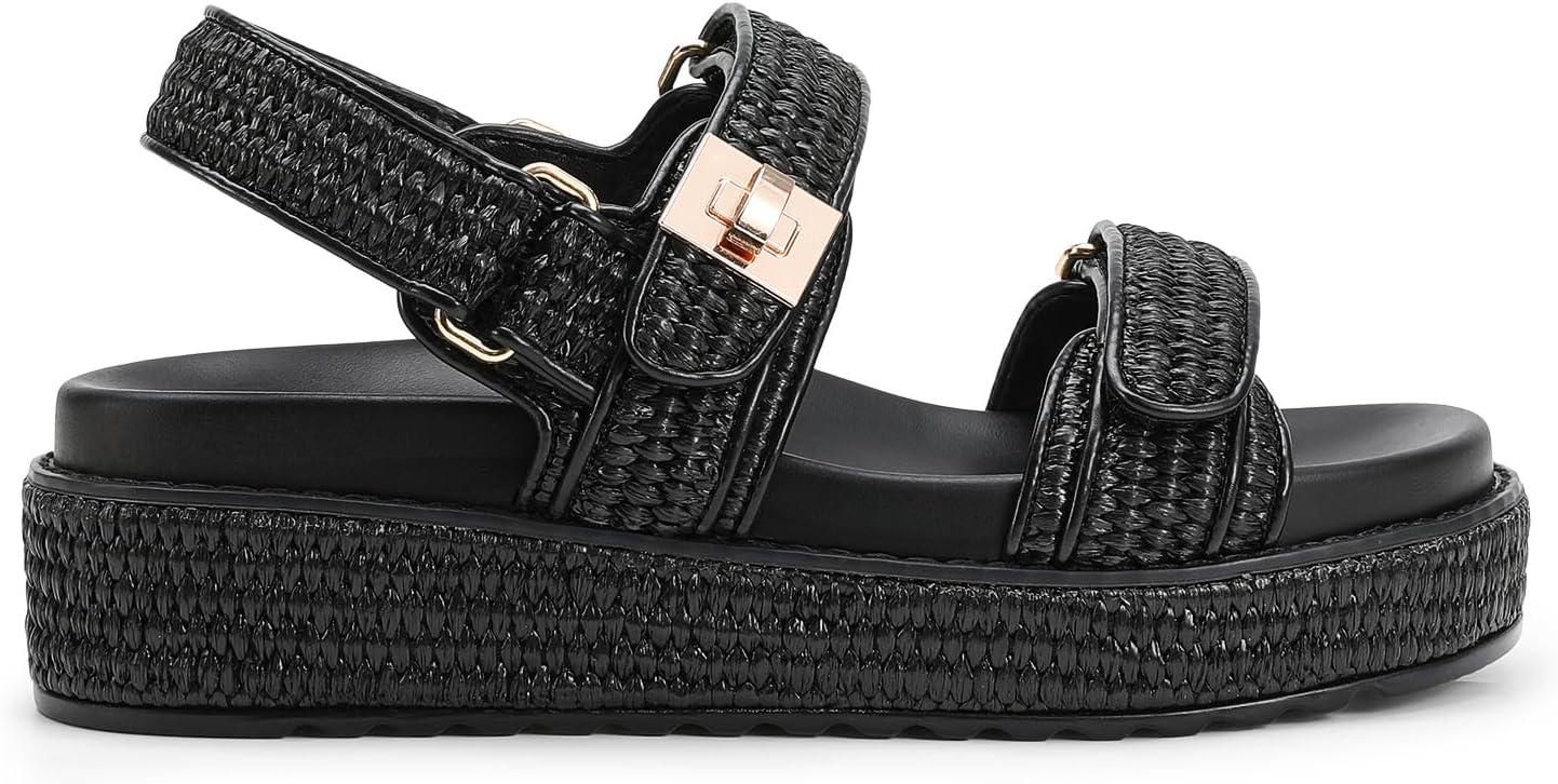 imageDREAM PAIRS Womens Low Wedge Sandals Comfortable Arch Support Platform Open toe Casual Dressy Flat Summer Sandals with Adjustable StrapsBlackraffia