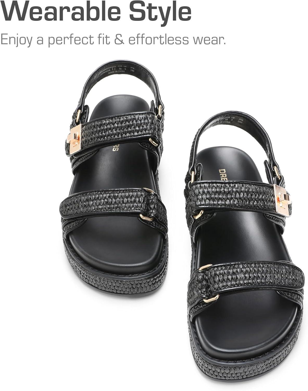 imageDREAM PAIRS Womens Low Wedge Sandals Comfortable Arch Support Platform Open toe Casual Dressy Flat Summer Sandals with Adjustable StrapsBlackraffia