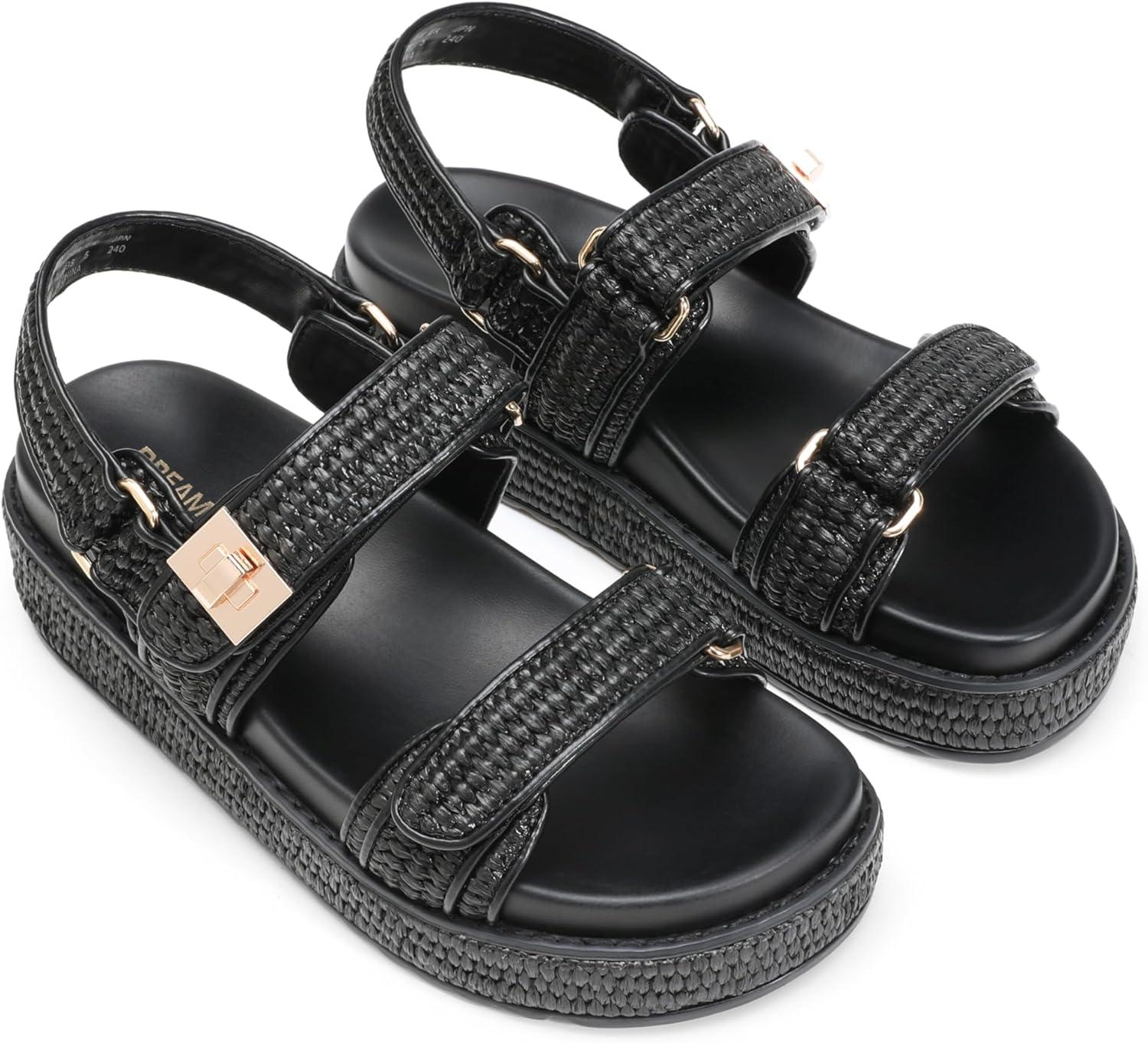 imageDREAM PAIRS Womens Low Wedge Sandals Comfortable Arch Support Platform Open toe Casual Dressy Flat Summer Sandals with Adjustable StrapsBlackraffia