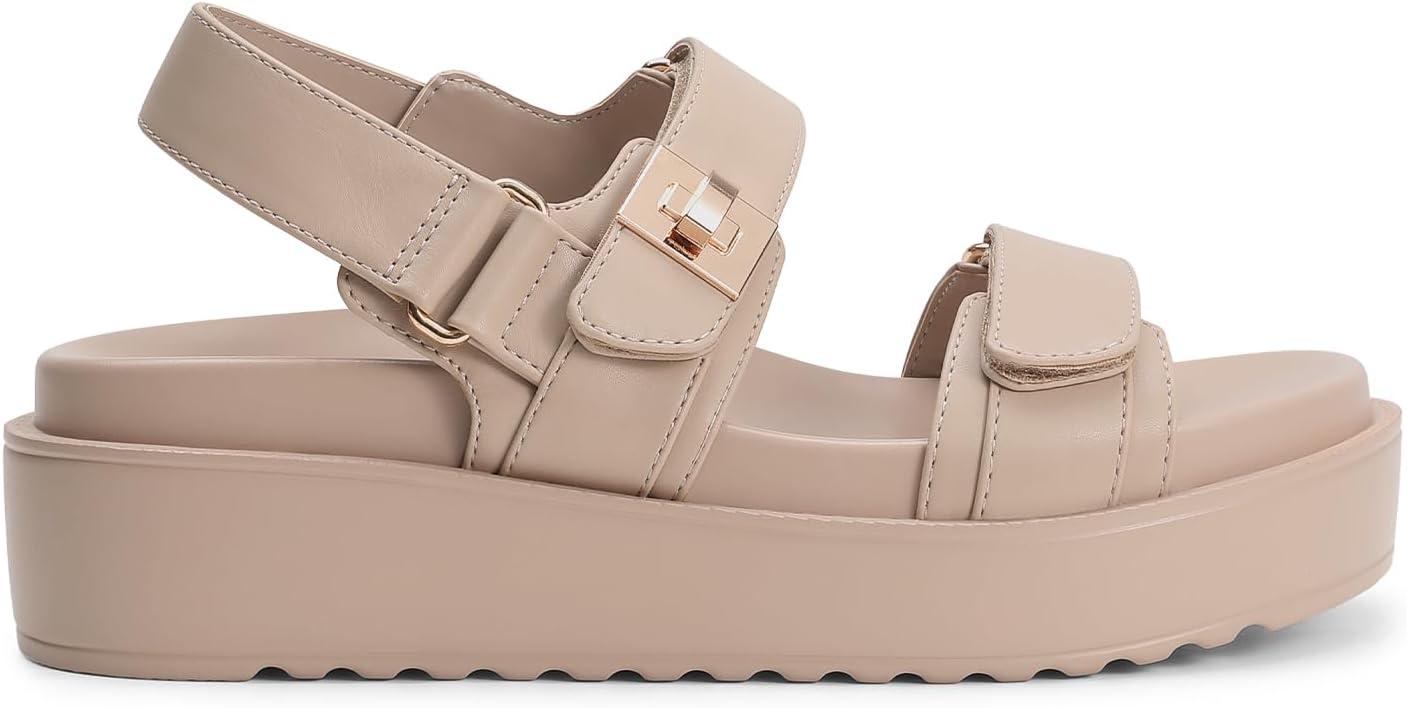 imageDREAM PAIRS Womens Low Wedge Sandals Comfortable Arch Support Platform Open toe Casual Dressy Flat Summer Sandals with Adjustable StrapsNude