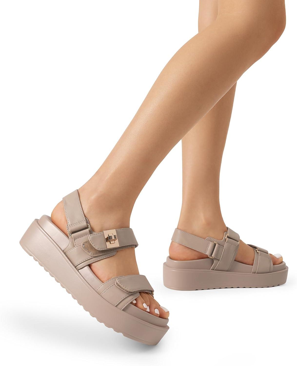 imageDREAM PAIRS Womens Low Wedge Sandals Comfortable Arch Support Platform Open toe Casual Dressy Flat Summer Sandals with Adjustable StrapsNude