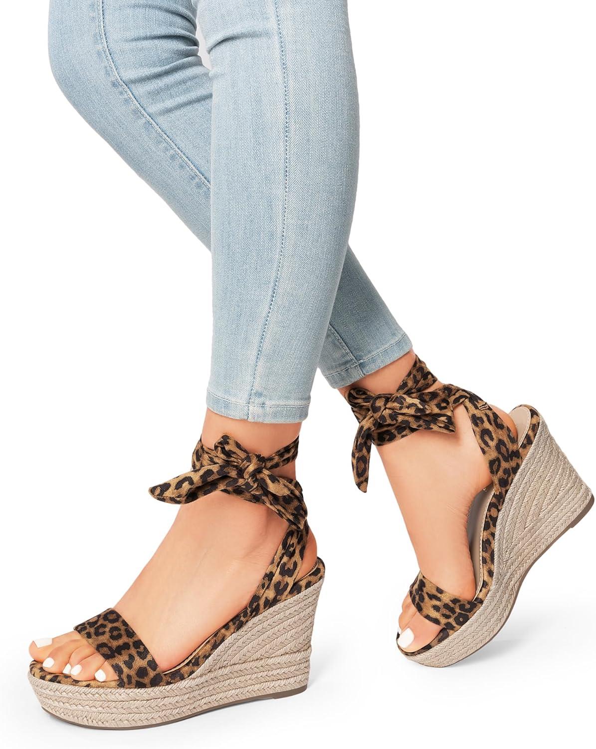 imageDREAM PAIRS Womens Open Toe Espadrilles Wedges Tie Lace Up Cute Ankle Strap Platform Sandals Dressy ShoesLeopardsuede