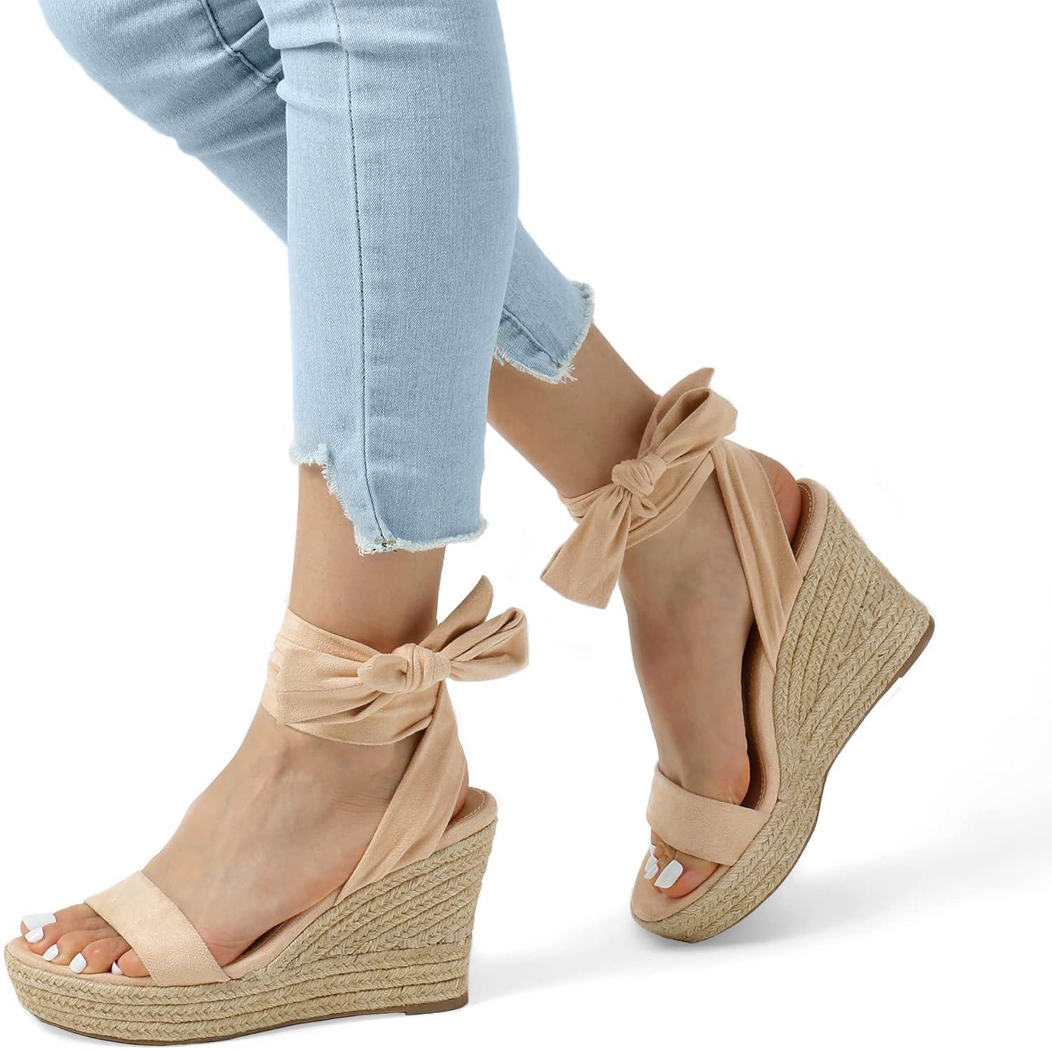 imageDREAM PAIRS Womens Open Toe Espadrilles Wedges Tie Lace Up Cute Ankle Strap Platform Sandals Dressy ShoesNude