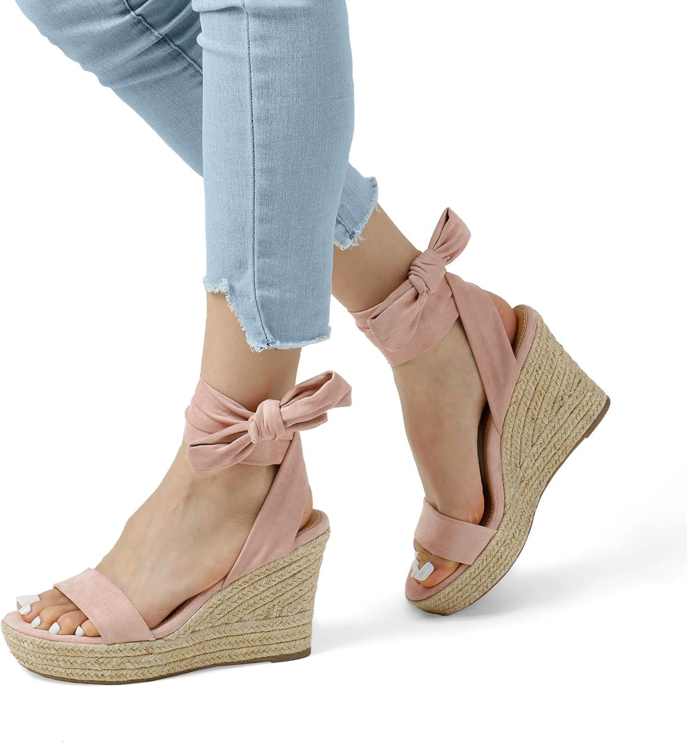 imageDREAM PAIRS Womens Open Toe Espadrilles Wedges Tie Lace Up Cute Ankle Strap Platform Sandals Dressy ShoesPink