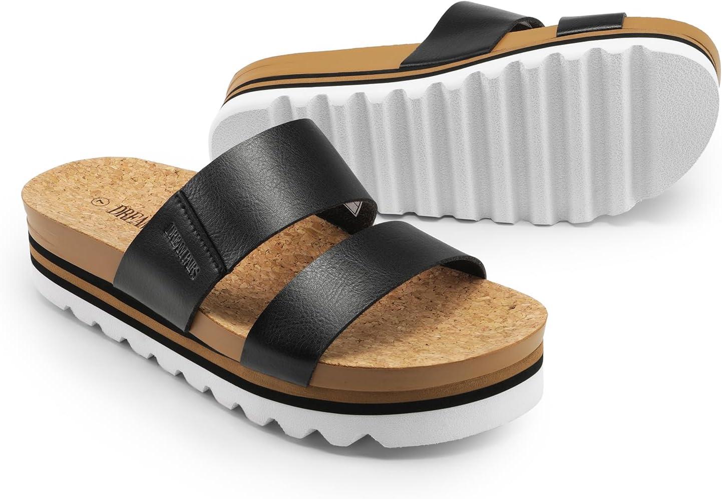 imageDREAM PAIRS Womens Platform Wedge Sandals with Arch Support Comfortable Beach Slipon Flat Sandals Casual 2Strap Cork Cushion Slides for WomenBlack