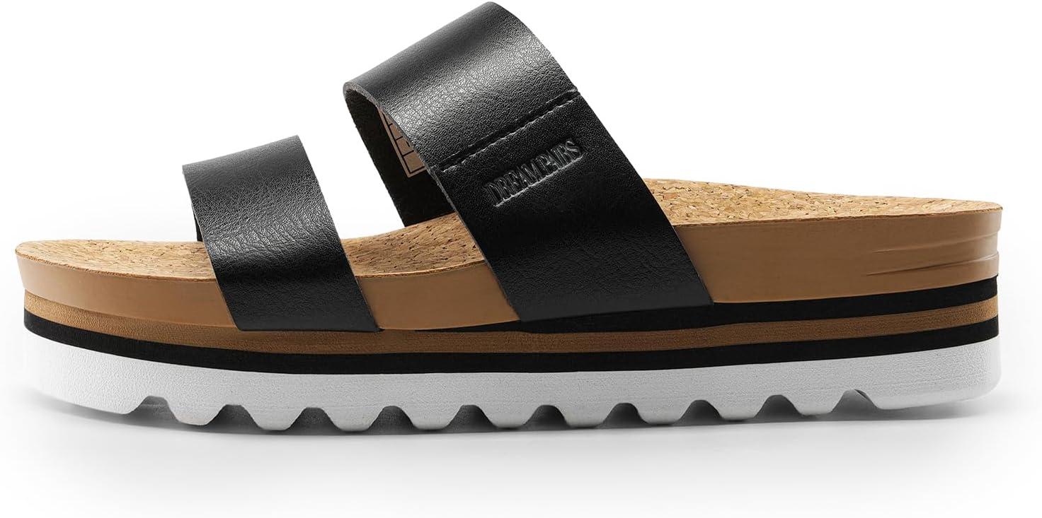 imageDREAM PAIRS Womens Platform Wedge Sandals with Arch Support Comfortable Beach Slipon Flat Sandals Casual 2Strap Cork Cushion Slides for WomenBlack