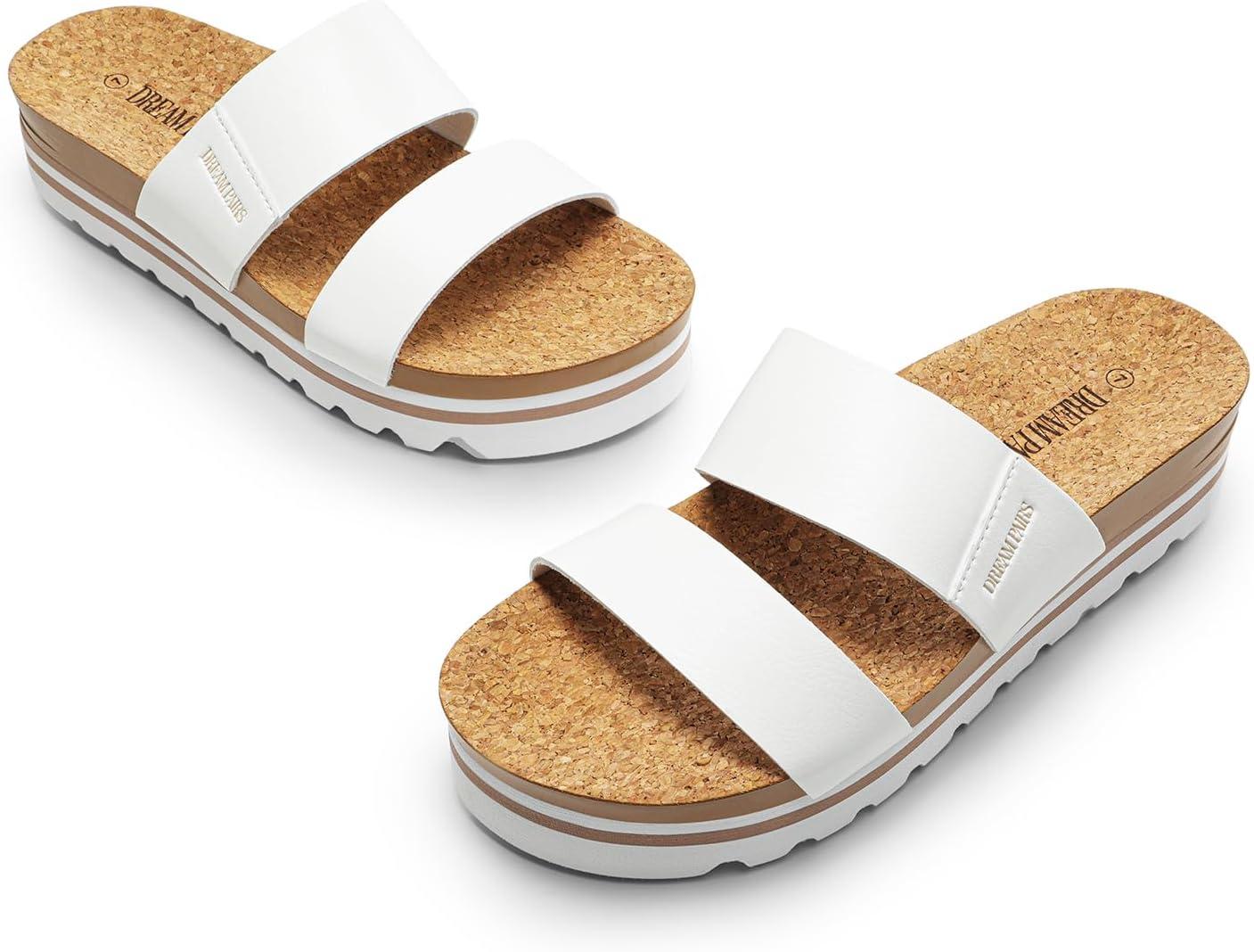 imageDREAM PAIRS Womens Platform Wedge Sandals with Arch Support Comfortable Beach Slipon Flat Sandals Casual 2Strap Cork Cushion Slides for WomenWhite
