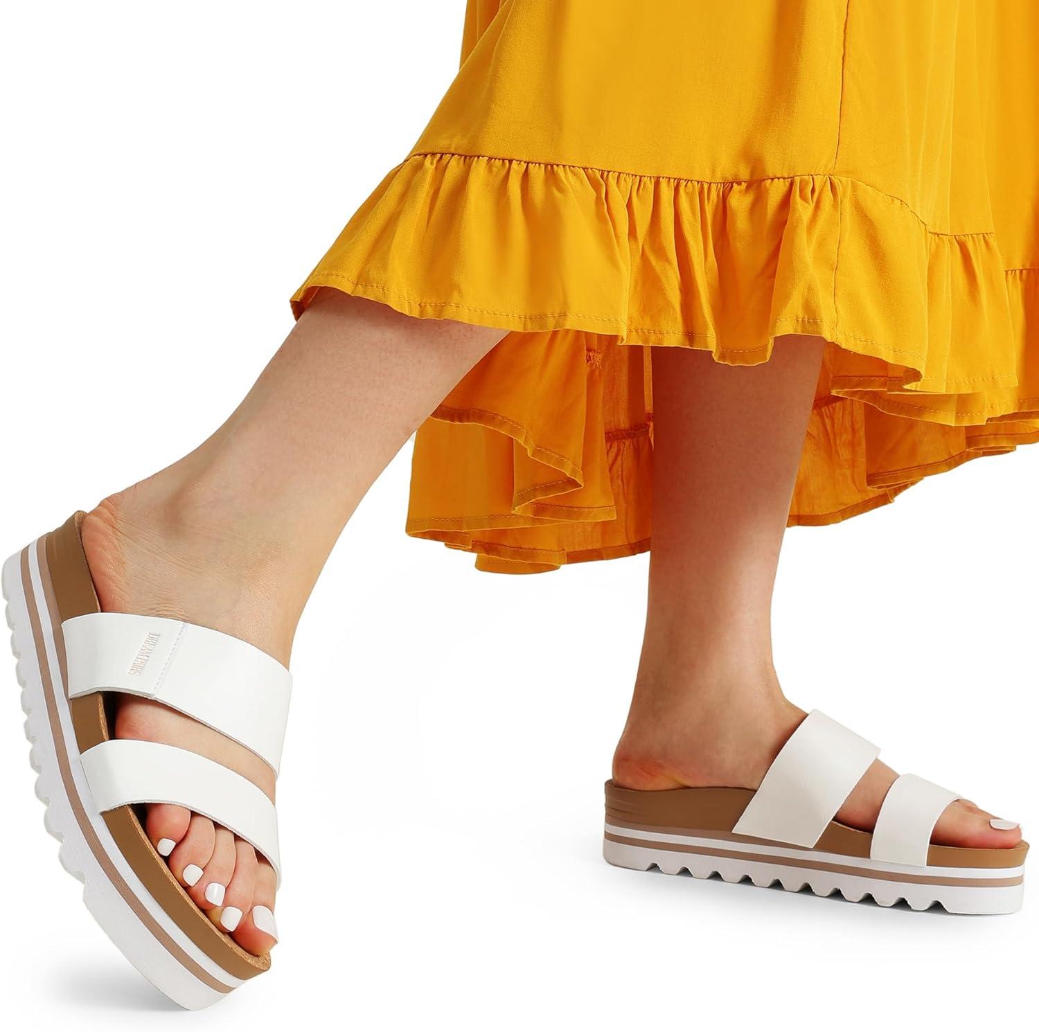 imageDREAM PAIRS Womens Platform Wedge Sandals with Arch Support Comfortable Beach Slipon Flat Sandals Casual 2Strap Cork Cushion Slides for WomenWhite