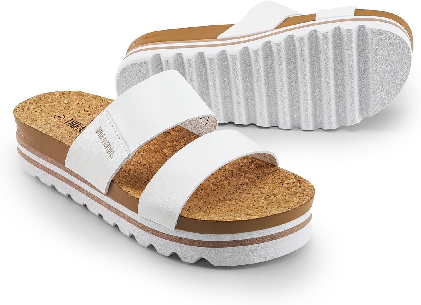 imageDREAM PAIRS Womens Platform Wedge Sandals with Arch Support Comfortable Beach Slipon Flat Sandals Casual 2Strap Cork Cushion Slides for WomenWhite