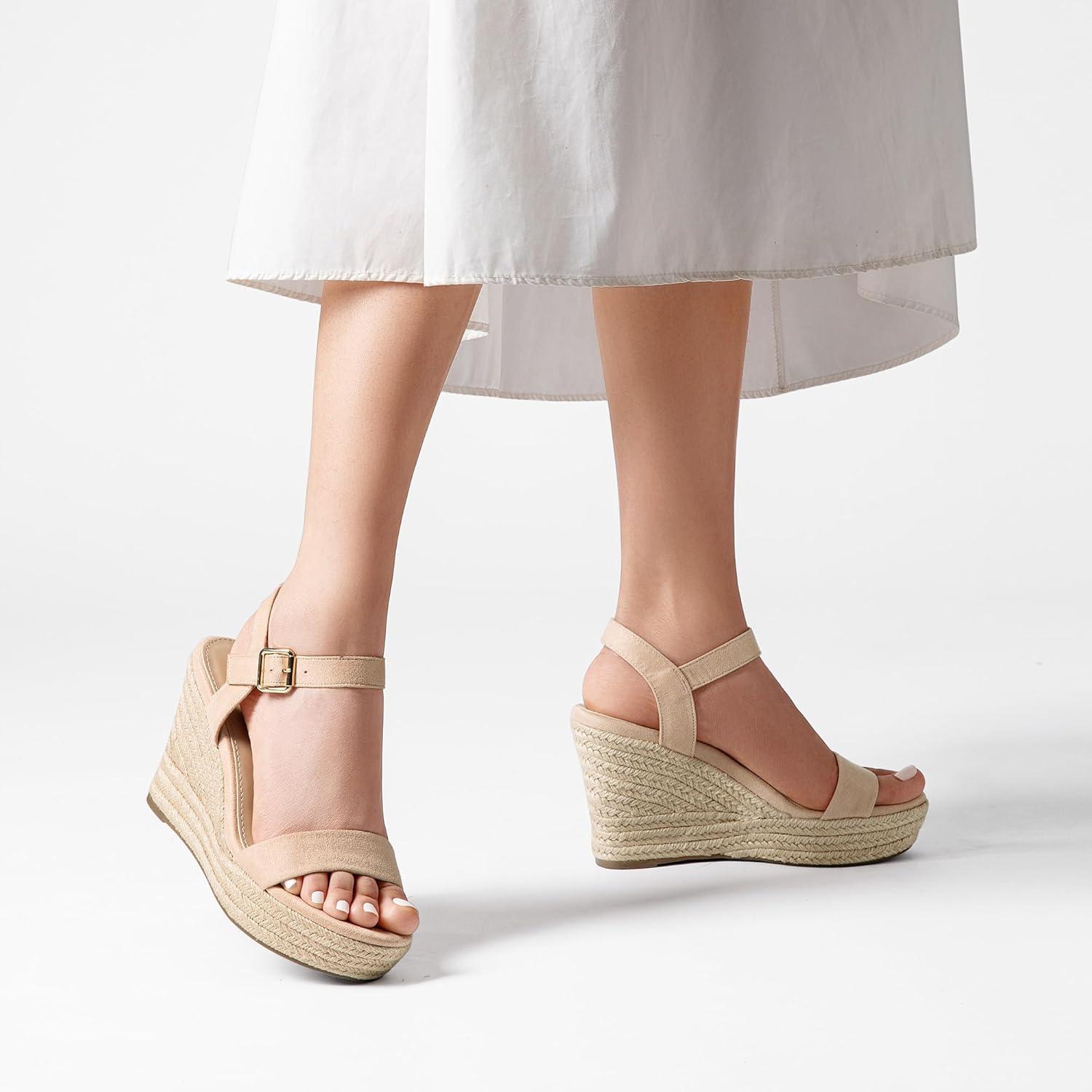 imageDREAM PAIRS Womens Platform Wedges Sandals Comfortable Open Toe Espadrilles Sandals Dressy Buckle Ankle Strap Summer ShoesAll Nude