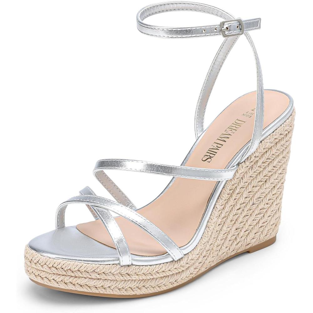 imageDREAM PAIRS Strappy Espadrille Platform Wedge Sandals for Women Dressy Summer Comfortable Open Toe Sandals with Cushioned Insole and Ankle Strap BuckleSilvermetallic