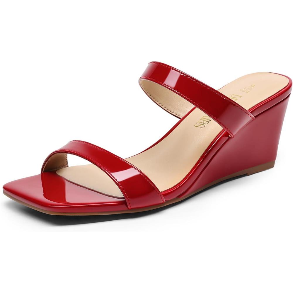 imageDREAM PAIRS Women Slides Wedge Sandals Square Open Toe Dress Casual Strappy ShoesRedpat