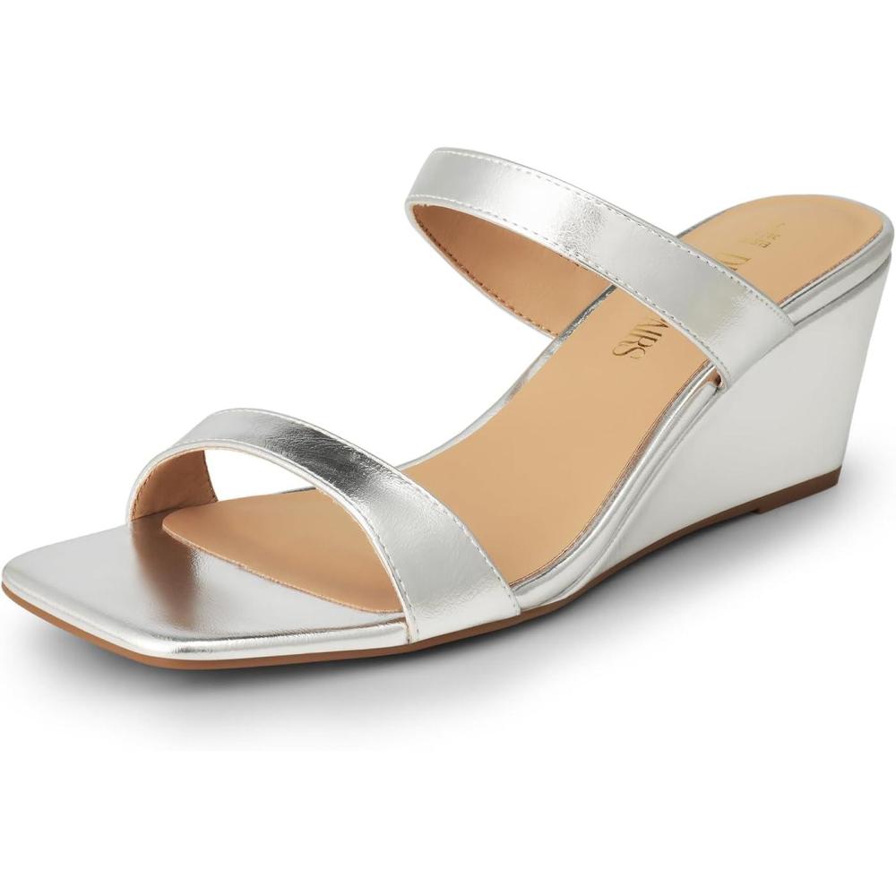 imageDREAM PAIRS Women Slides Wedge Sandals Square Open Toe Dress Casual Strappy ShoesSilverpu