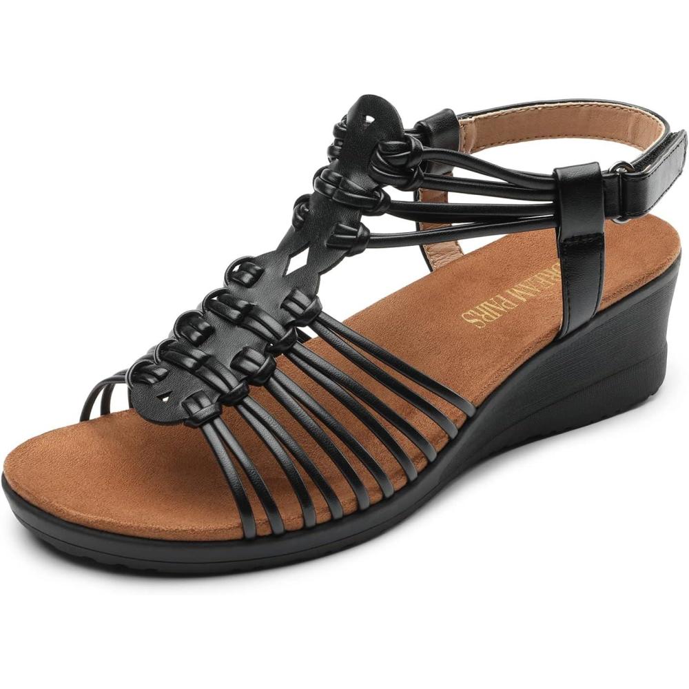 imageDREAM PAIRS Womens Comfortable Strappy Low Heel Open Toe SlipOn Wedge Sandals Arch Support for Summer Dressy ShoesBlack