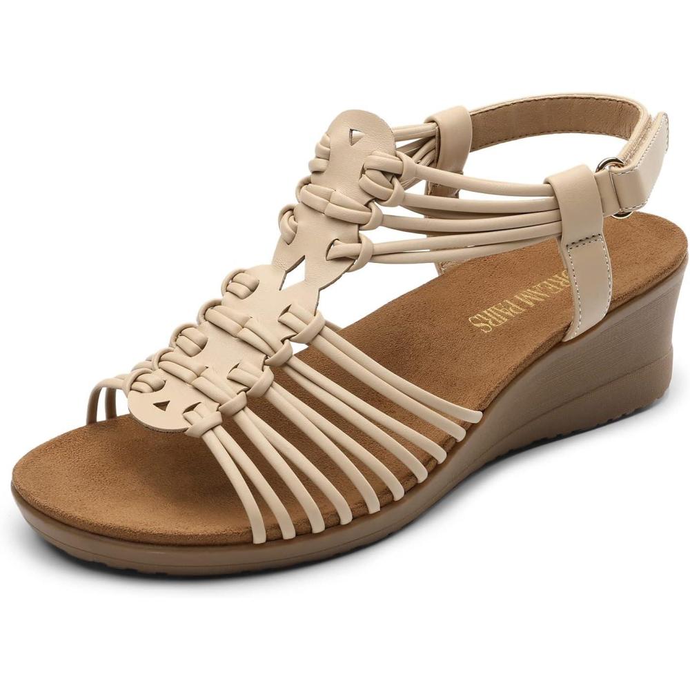 imageDREAM PAIRS Womens Comfortable Strappy Low Heel Open Toe SlipOn Wedge Sandals Arch Support for Summer Dressy ShoesNude