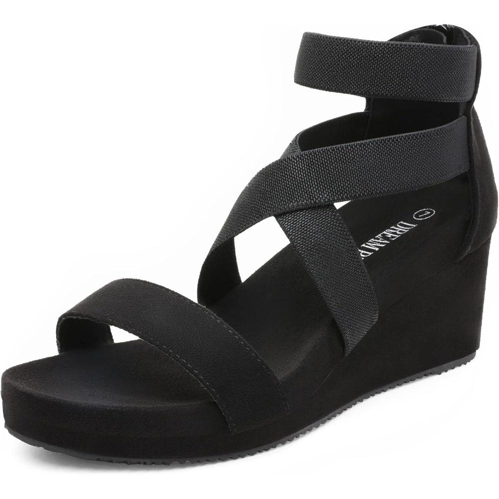 imageDREAM PAIRS Womens Elastic Ankle Strap Open Toe Platform Wedge Sandals Comfortable Summer ShoesBlack