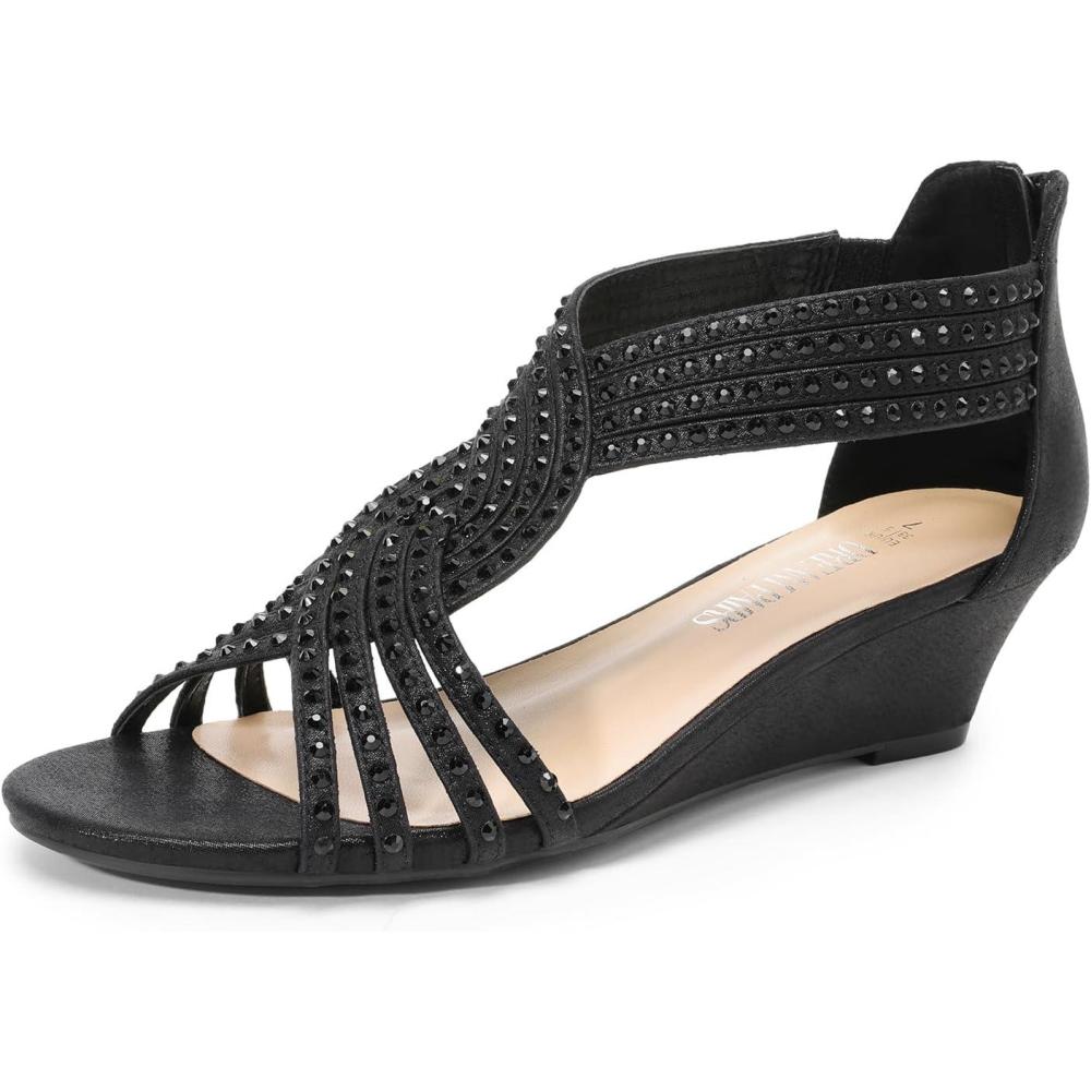 imageDREAM PAIRS Womens Open Toe Low Wedges Sandals Rhinestone Strappy Zipper Dress Shoes Summer Wedding Party Travel ShoesBlack
