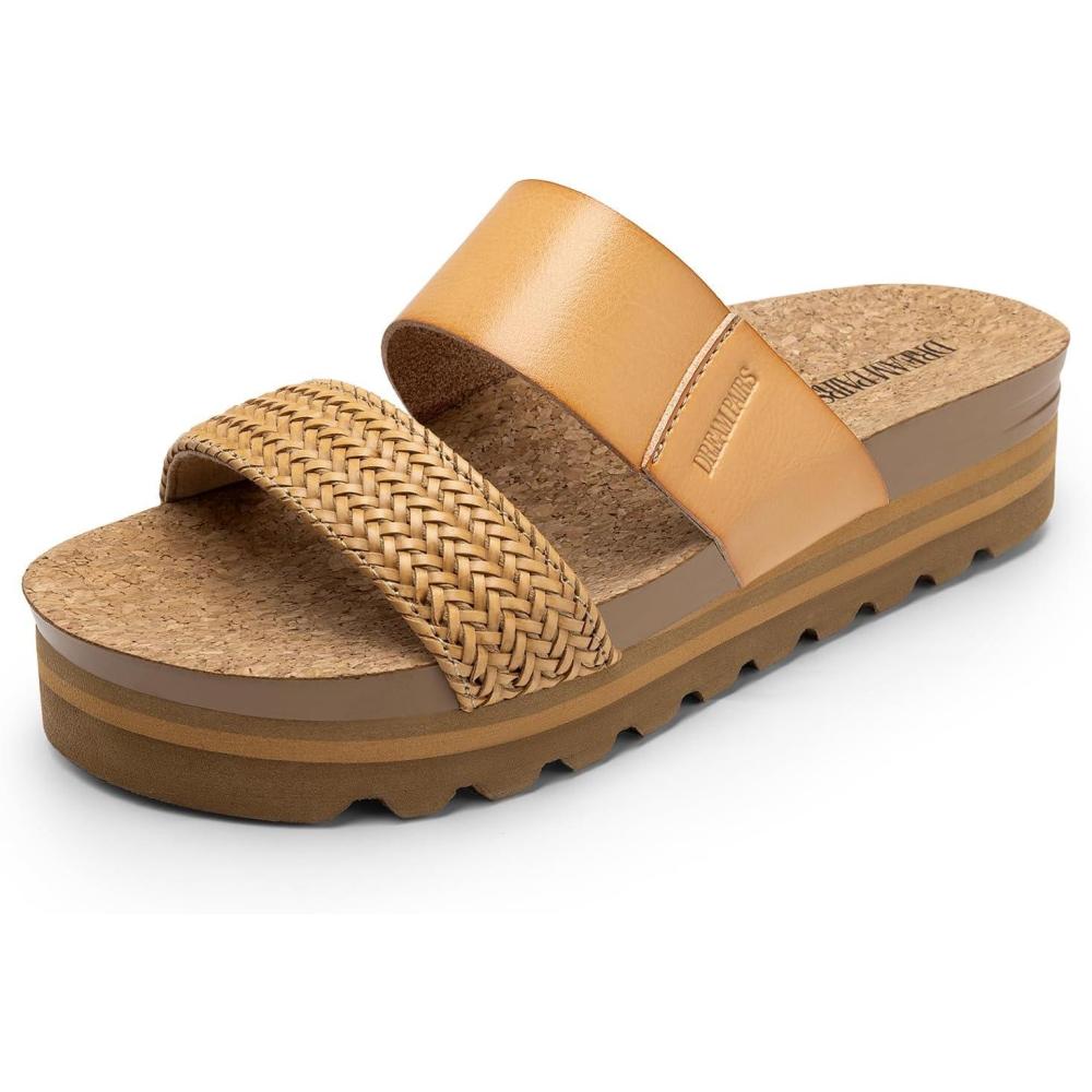 imageDREAM PAIRS Womens Platform Wedge Sandals with Arch Support Comfortable Beach Slipon Flat Sandals Casual 2Strap Cork Cushion Slides for WomenNaturalpu