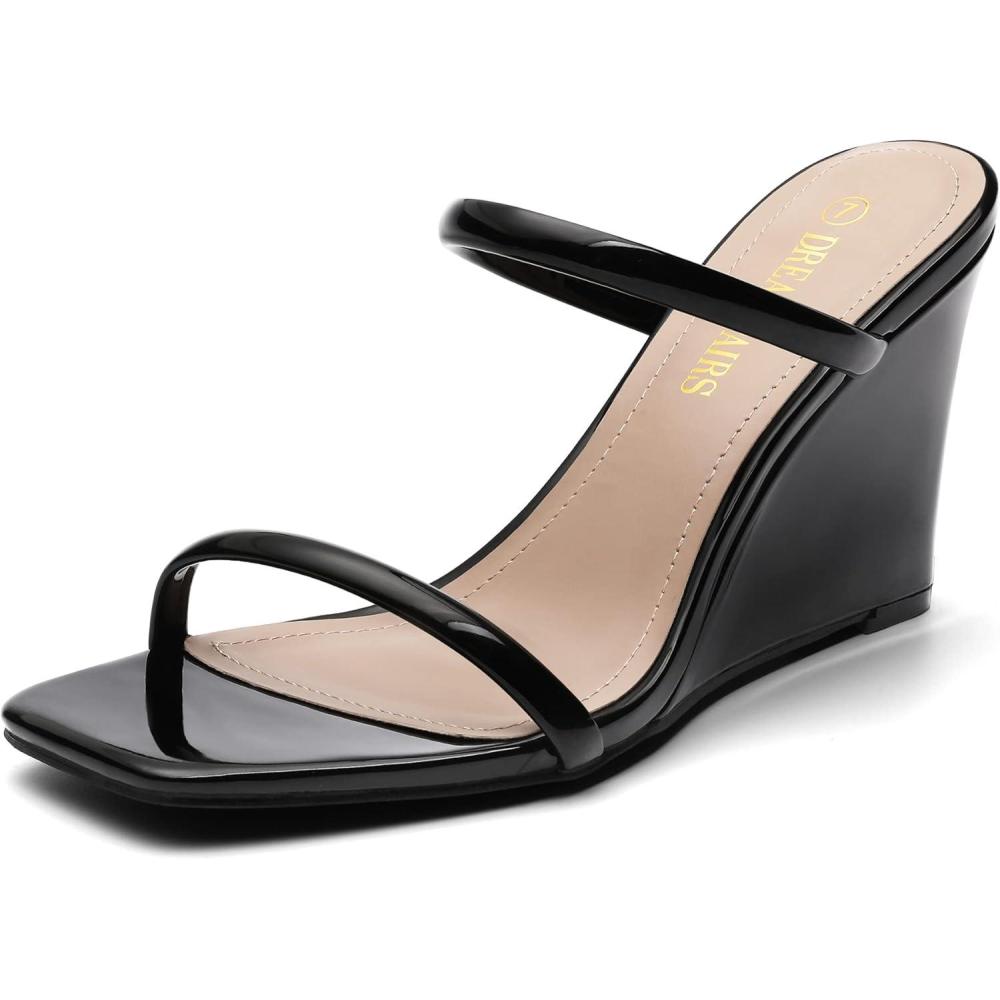 imageDREAM PAIRS Womens Slides Wedge Sandals Two Strap Square Open Toe Dress ShoesBlack