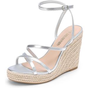 DREAM PAIRS Strappy Espadrille Platform Wedge Sandals for Women Dressy Summer, Comfortable Open Toe Sandals with Cushioned Insole and Ankle Strap Buckle(Silver-metallic)