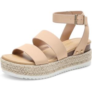 DREAM PAIRS Strappy Espadrille Platform Wedge Sandals for Women Dressy Summer, Comfortable Open Toe Sandals with Cushioned Insole and Ankle Strap Buckle(Nude Nubuck)