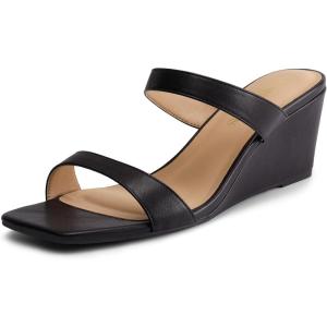 DREAM PAIRS Women Slides Wedge Sandals Square Open Toe Dress Casual Strappy Shoes(Black)