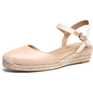 DREAM PAIRS Women’s Closed Toe Elastic Ankle Strap Espadrilles Wedge Sandals(Apricot)