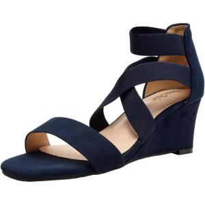 DREAM PAIRS Women’s Elastic Ankle Strap Low Wedge Sandals(Navy)