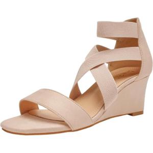 DREAM PAIRS Women’s Elastic Ankle Strap Low Wedge Sandals(Nude)