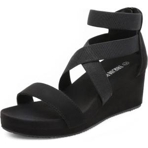 DREAM PAIRS Womens Elastic Ankle Strap Open Toe Platform Wedge Sandals Comfortable Summer Shoes(Black)
