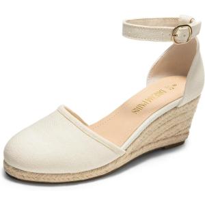 DREAM PAIRS Women’s Espadrilles Closed Toe Ankle Strap Dressy Platform Wedge Sandals(Beige-canvas)
