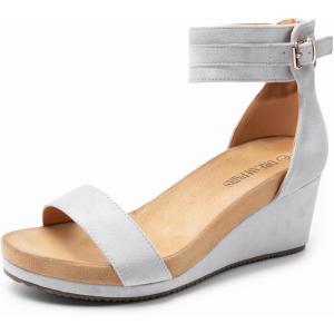 DREAM PAIRS Women’s Open Toe Buckle Ankle Strap Platform Wedge Sandals Summer Shoes.(Grey)