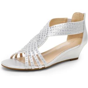 DREAM PAIRS Women’s Open Toe Low Wedges Sandals, Rhinestone Strappy Zipper Dress Shoes, Summer Wedding Party Travel Shoes(Silver)