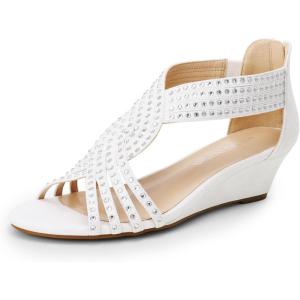 DREAM PAIRS Women’s Open Toe Low Wedges Sandals, Rhinestone Strappy Zipper Dress Shoes, Summer Wedding Party Travel Shoes(White)