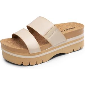 DREAM PAIRS Women’s Platform Slides Sandals Comfortable Arch Support Footbed Two Strap Slip-on Fashion Beach Wedge Sandals(Beige)