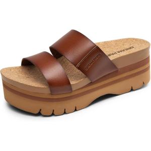 DREAM PAIRS Women’s Platform Slides Sandals Comfortable Arch Support Footbed Two Strap Slip-on Fashion Beach Wedge Sandals(Brown)