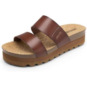 DREAM PAIRS Women’s Platform Wedge Sandals with Arch Support, Comfortable Beach Slip-on Flat Sandals, Casual 2-Strap Cork Cushion Slides for Women(Brown-pu)