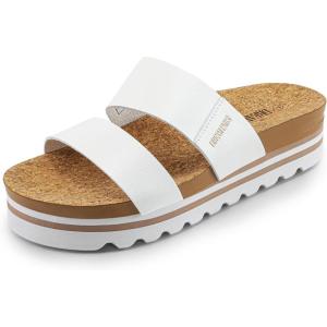 DREAM PAIRS Women’s Platform Wedge Sandals with Arch Support, Comfortable Beach Slip-on Flat Sandals, Casual 2-Strap Cork Cushion Slides for Women(White)