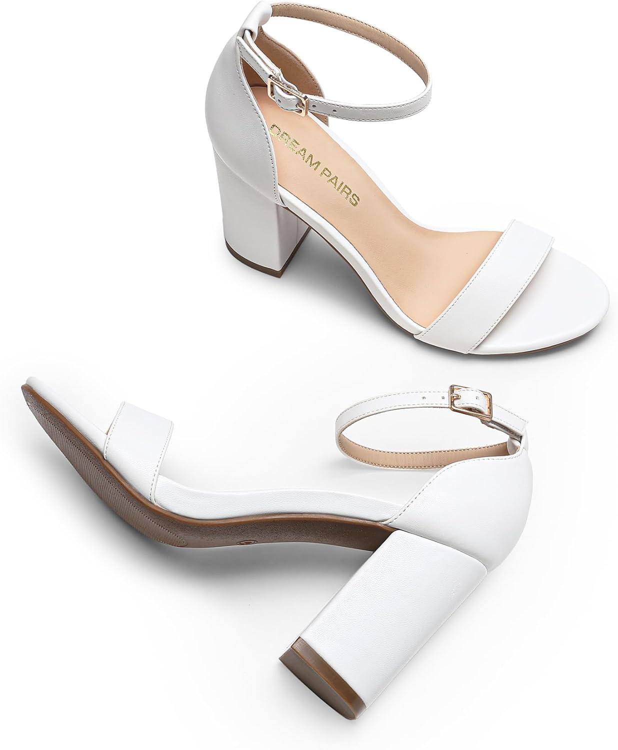 imageDREAM PAIRS Heels for Women Chunky Block Heel Open Toe Ankle Strap 35 Inch Heeled Sandals for Party Date WeddingWhite