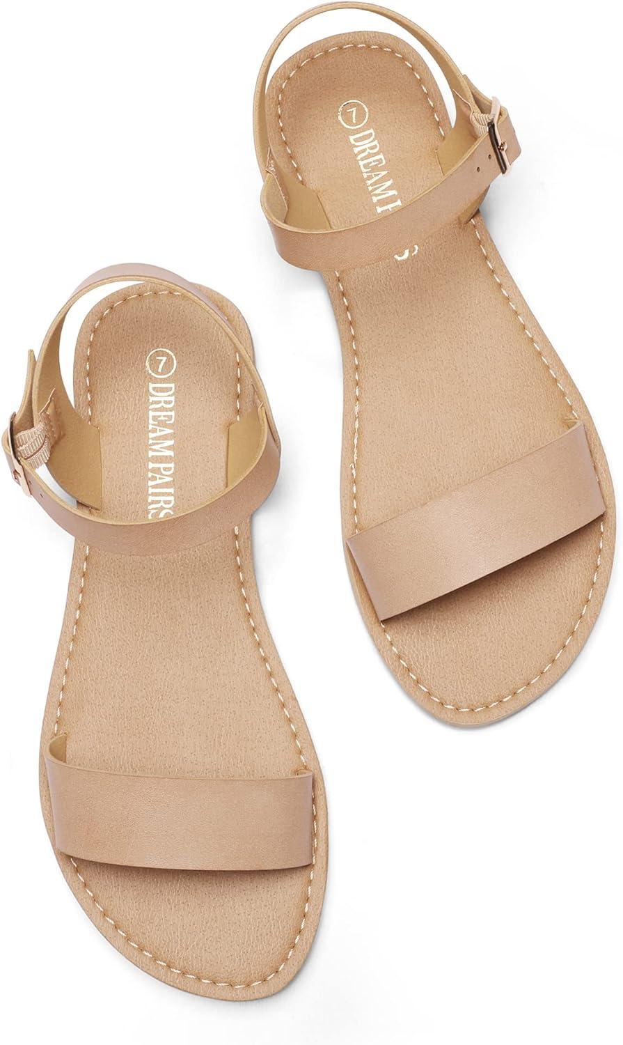imageDREAM PAIRS Womens Ankle Strap Flat Sandals Open Toes One Band Buckle Summer Dressy SandalsNude