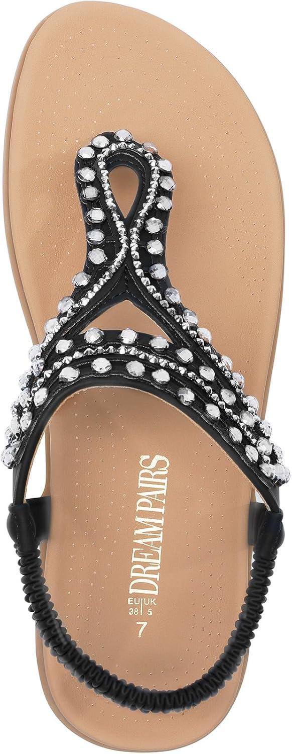 imageDREAM PAIRS Womens Comfortable Dressy Flat Sandals Rhinestone Elastic TStrap Thong Sandals for Summer BeachBlackBrownnubuck
