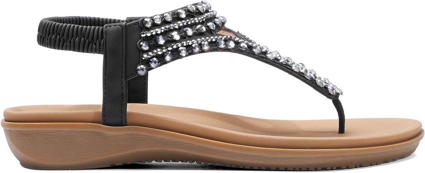 imageDREAM PAIRS Womens Comfortable Dressy Flat Sandals Rhinestone Elastic TStrap Thong Sandals for Summer BeachBlackBrownnubuck