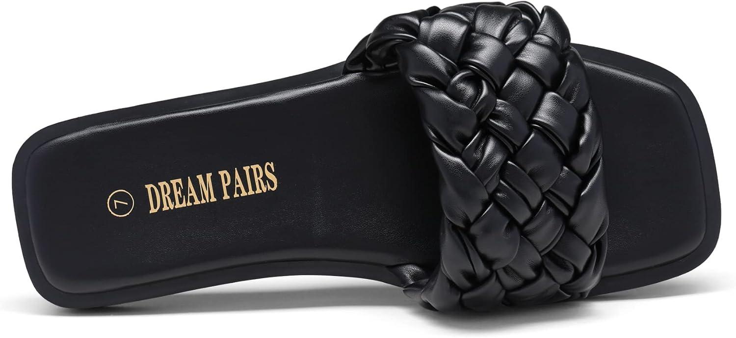 imageDREAM PAIRS Womens Square Open Toe Slide Sandals Cute Slip on Braided Slides Flat Sandals for SummerBlackWeave