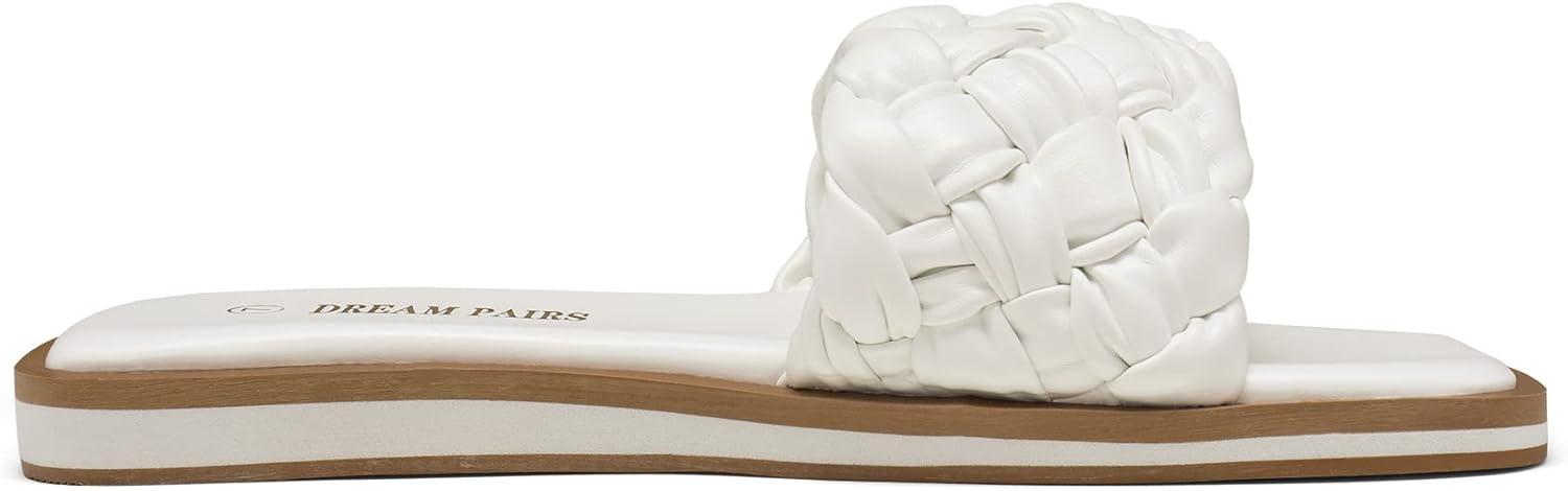 imageDREAM PAIRS Womens Square Open Toe Slide Sandals Cute Slip on Braided Slides Flat Sandals for SummerWhiteWeave