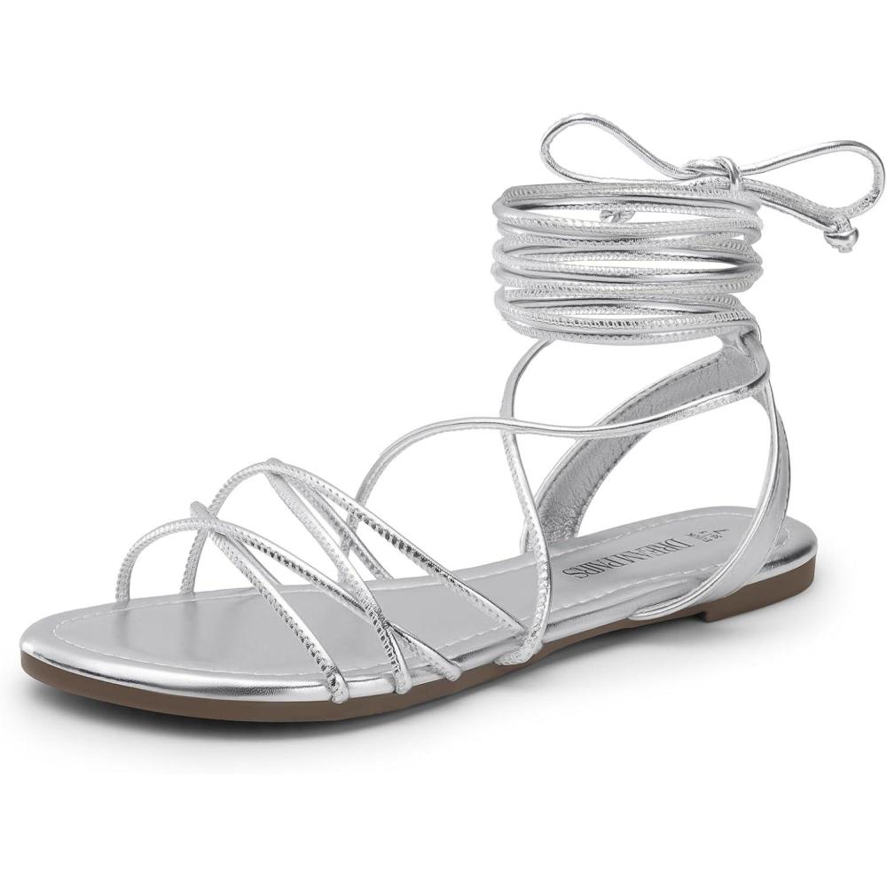 imageDREAM PAIRS Laceup Gladiator Sandals Strappy Dressy Summer Flat Sandals for WomenSilver