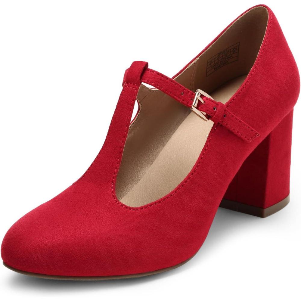 imageDREAM PAIRS Low Chunky Heels for Women TStrap Mary Jane Pumps Wedding Dress ShoesRed