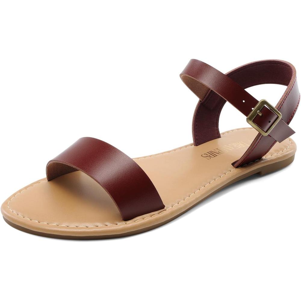 imageDREAM PAIRS Womens Ankle Strap Flat Sandals Open Toes One Band Buckle Summer Dressy SandalsBrownpu