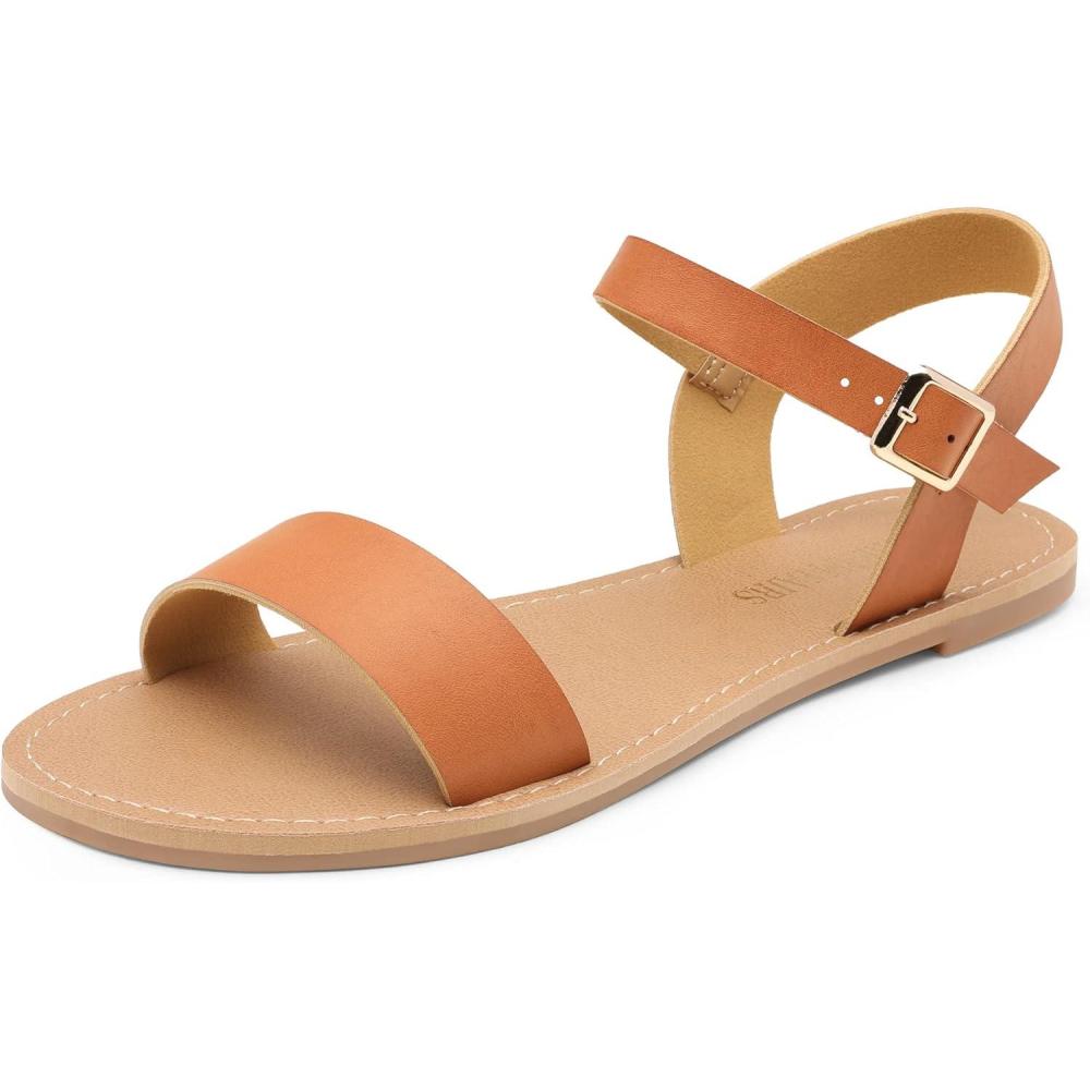 imageDREAM PAIRS Womens Ankle Strap Flat Sandals Open Toes One Band Buckle Summer Dressy SandalsTan