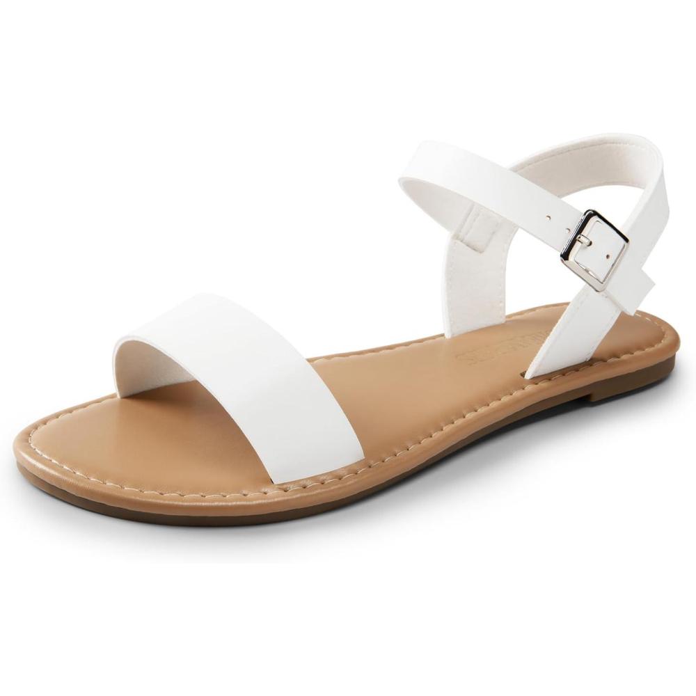 imageDREAM PAIRS Womens Ankle Strap Flat Sandals Open Toes One Band Buckle Summer Dressy SandalsWhitepu