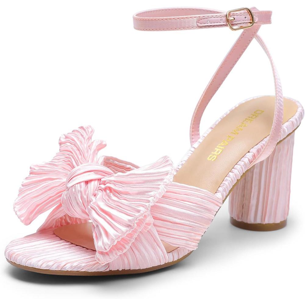 imageDREAM PAIRS Womens Bow Knot Heeled Sandals Low Chunky Heels Open Toe Ankle Strap Slingback Dress Shoes for Wedding Bridal PartyPink